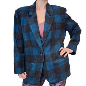 80s‎ 90s Wool Blend Plaid Checkered Teal Blue Dark Gray Blazer Boyfriend Fit M/L